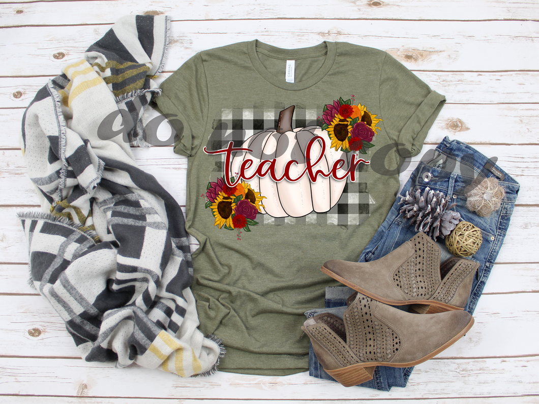 Teacher White Pumpkin With Plaid Transfer