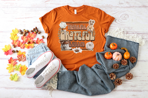 Thankful Grateful Blessed Brown & Tan In Frame With Flowers Transfer