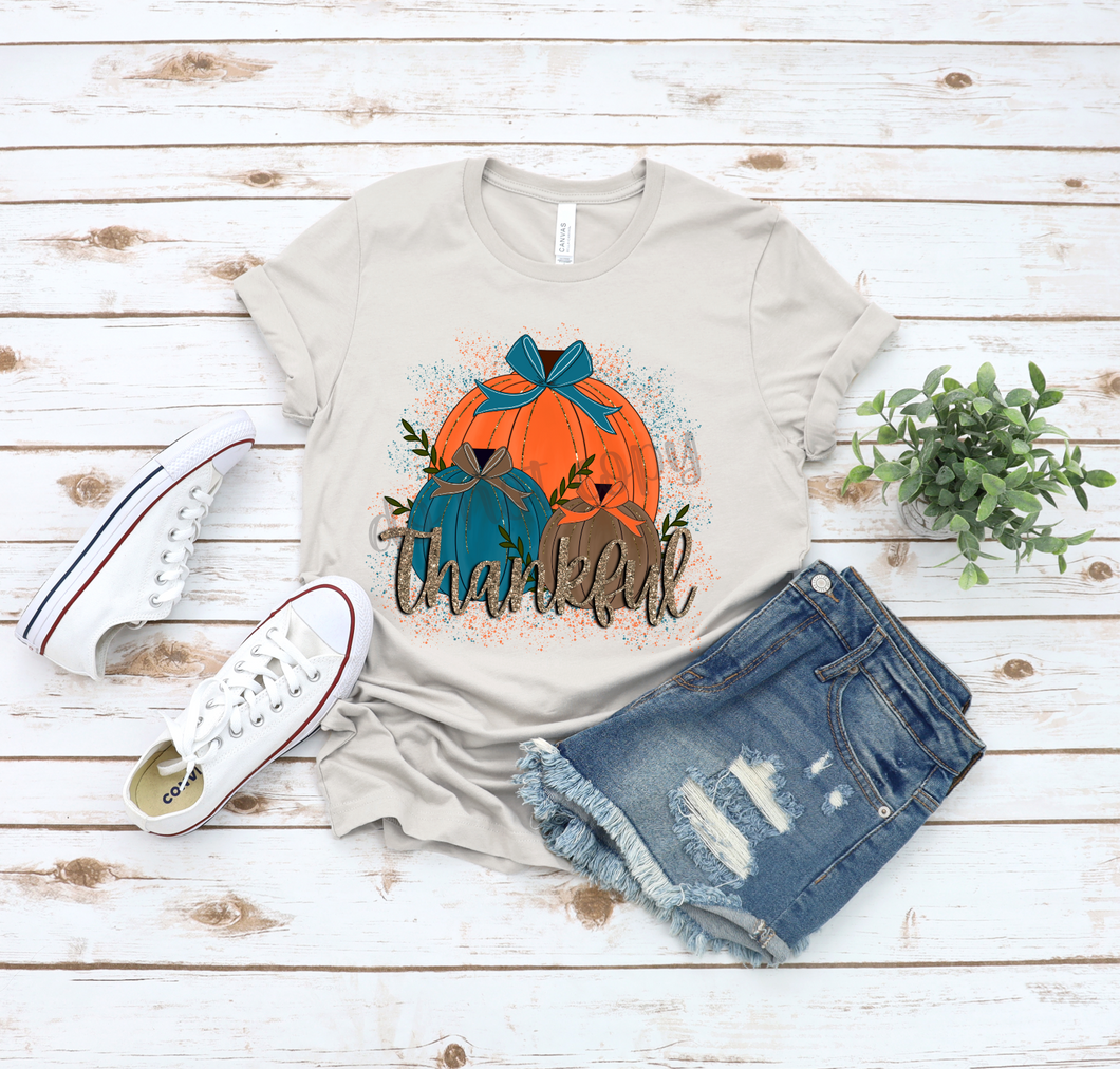 Thankful Teal Orange & Brown Pumpkins With Glitter Transfer