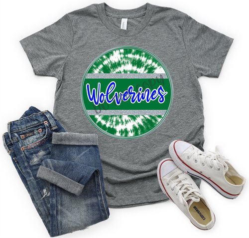 Wolverines Green, Royal & White Tie-dye Circle Print Font